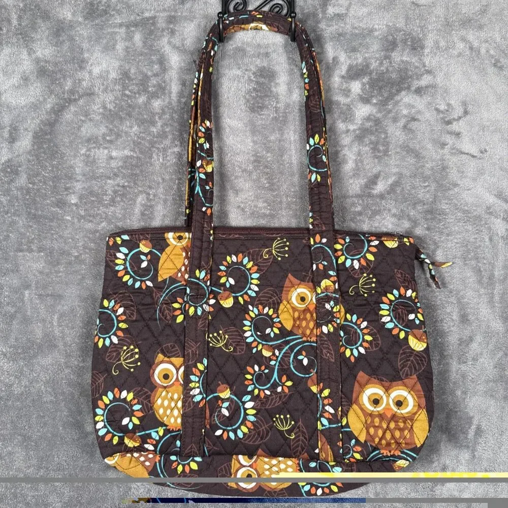 Quilted Owls Tote Bag Travel Work Brown Midsize Floral Design